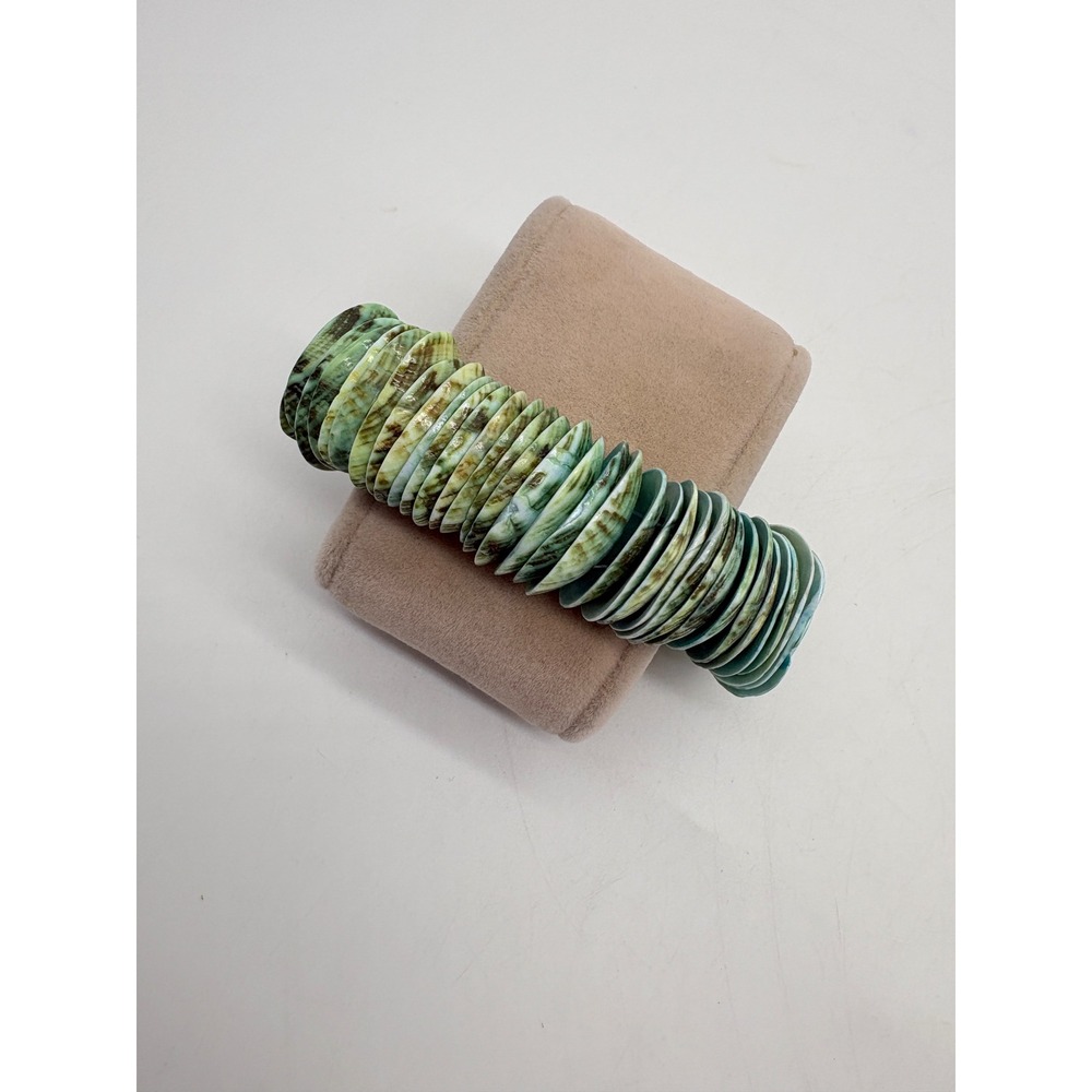 Boho Natural Green Blue Stacked Shell Disc Toggle Bracelet Artisan‎ Nautical